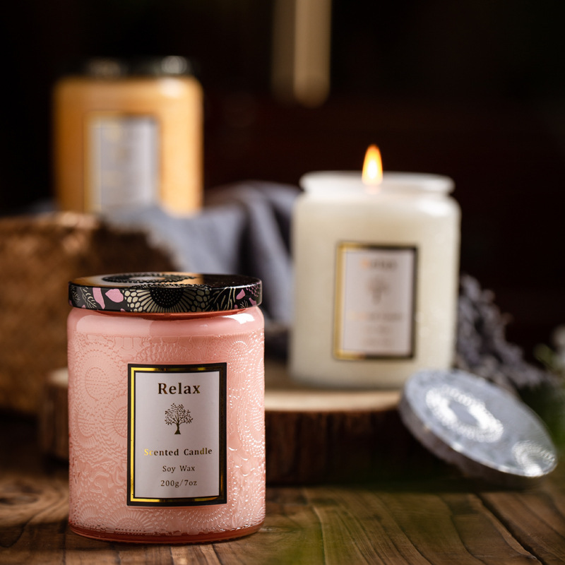 Vintage Home Fragrance Custom Pattern Embossing Glass Scented Candle