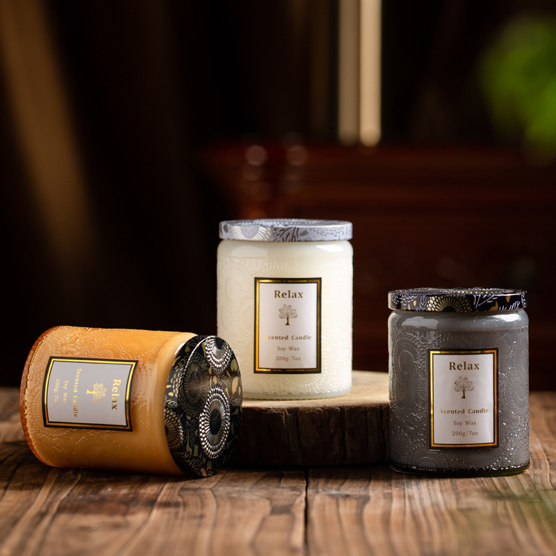 Vintage Home Fragrance Custom Pattern Embossing Glass Scented Candle
