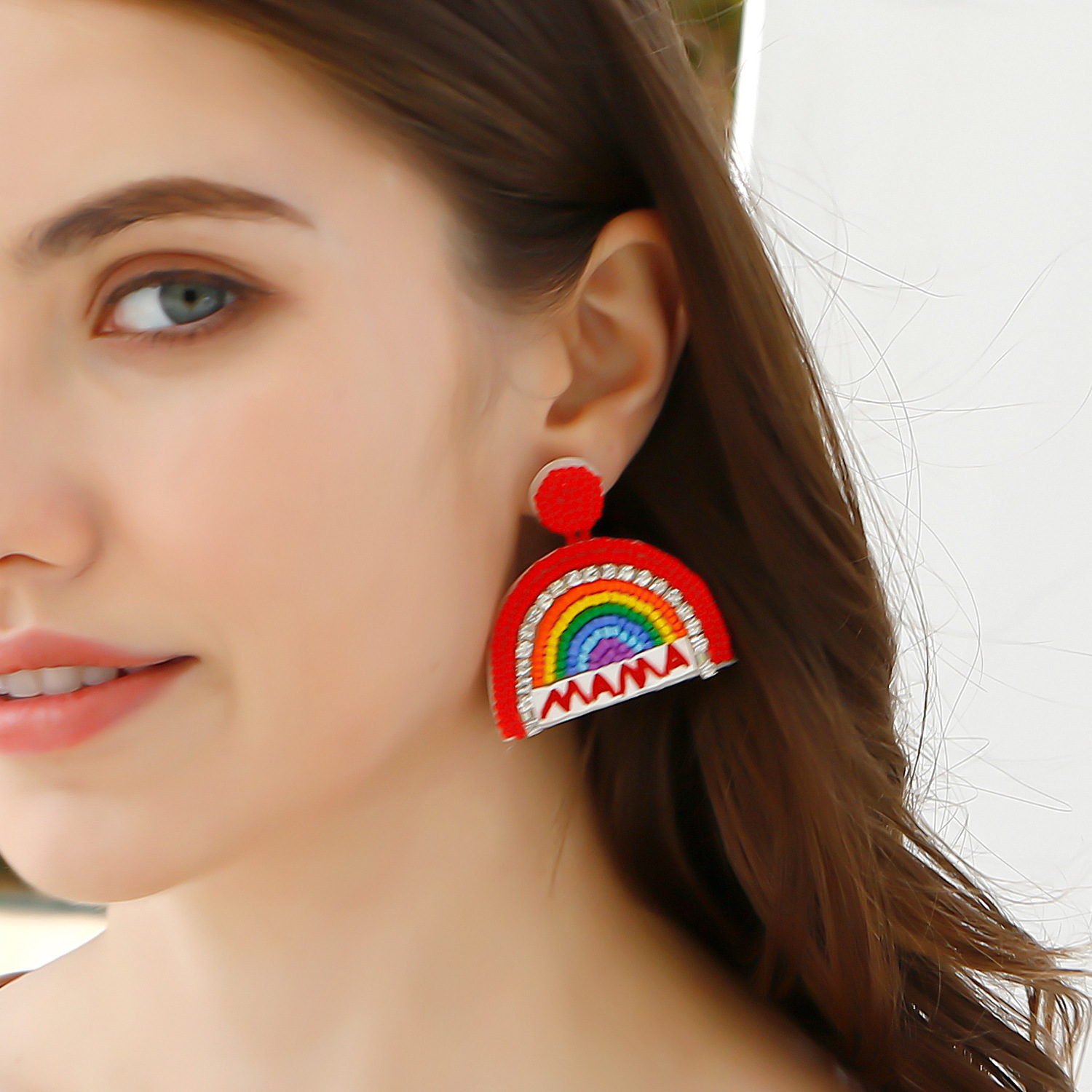 Handbeaded Handmade Beads Diamonds Rainbow MAMA Earrings