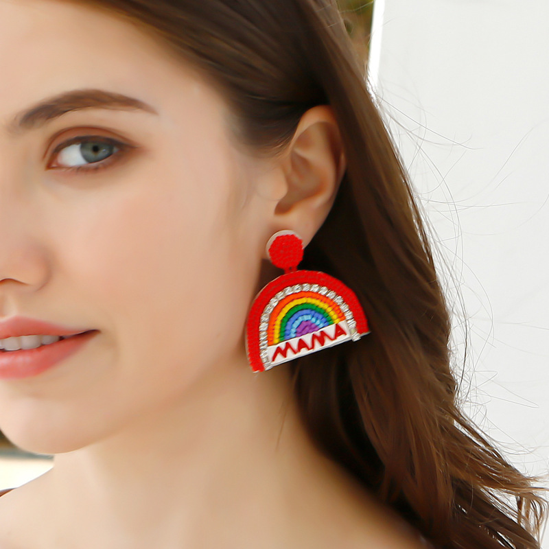 Handbeaded Handmade Beads Diamonds Rainbow MAMA Earrings