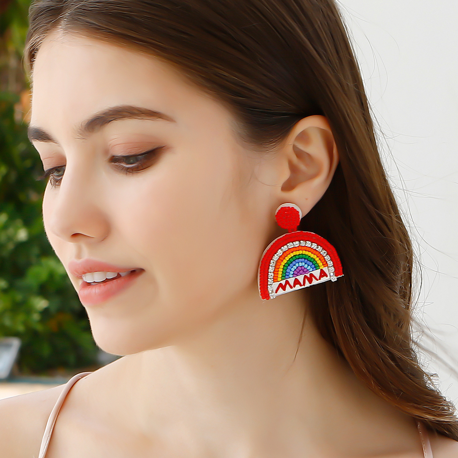 Handbeaded Handmade Beads Diamonds Rainbow MAMA Earrings