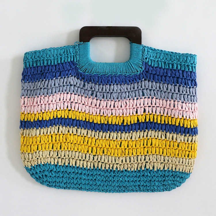 Colorful Wood Handle Handwoven Straw Beach Bag