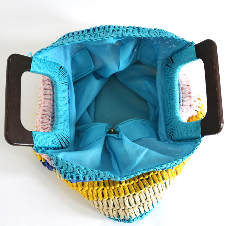 Colorful Wood Handle Handwoven Straw Beach Bag