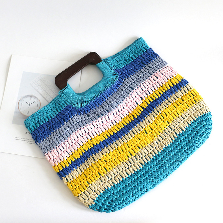 Colorful Wood Handle Handwoven Straw Beach Bag