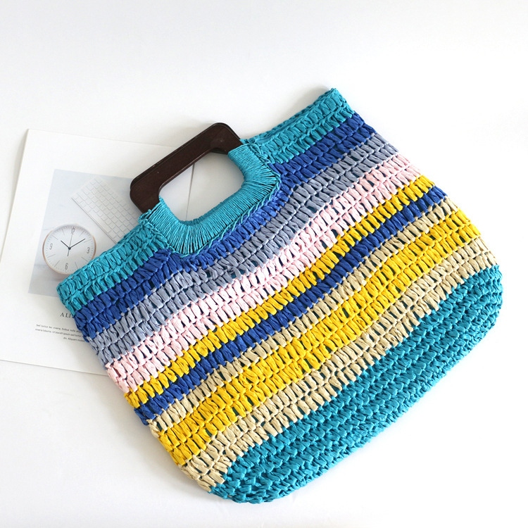 Colorful Wood Handle Handwoven Straw Beach Bag
