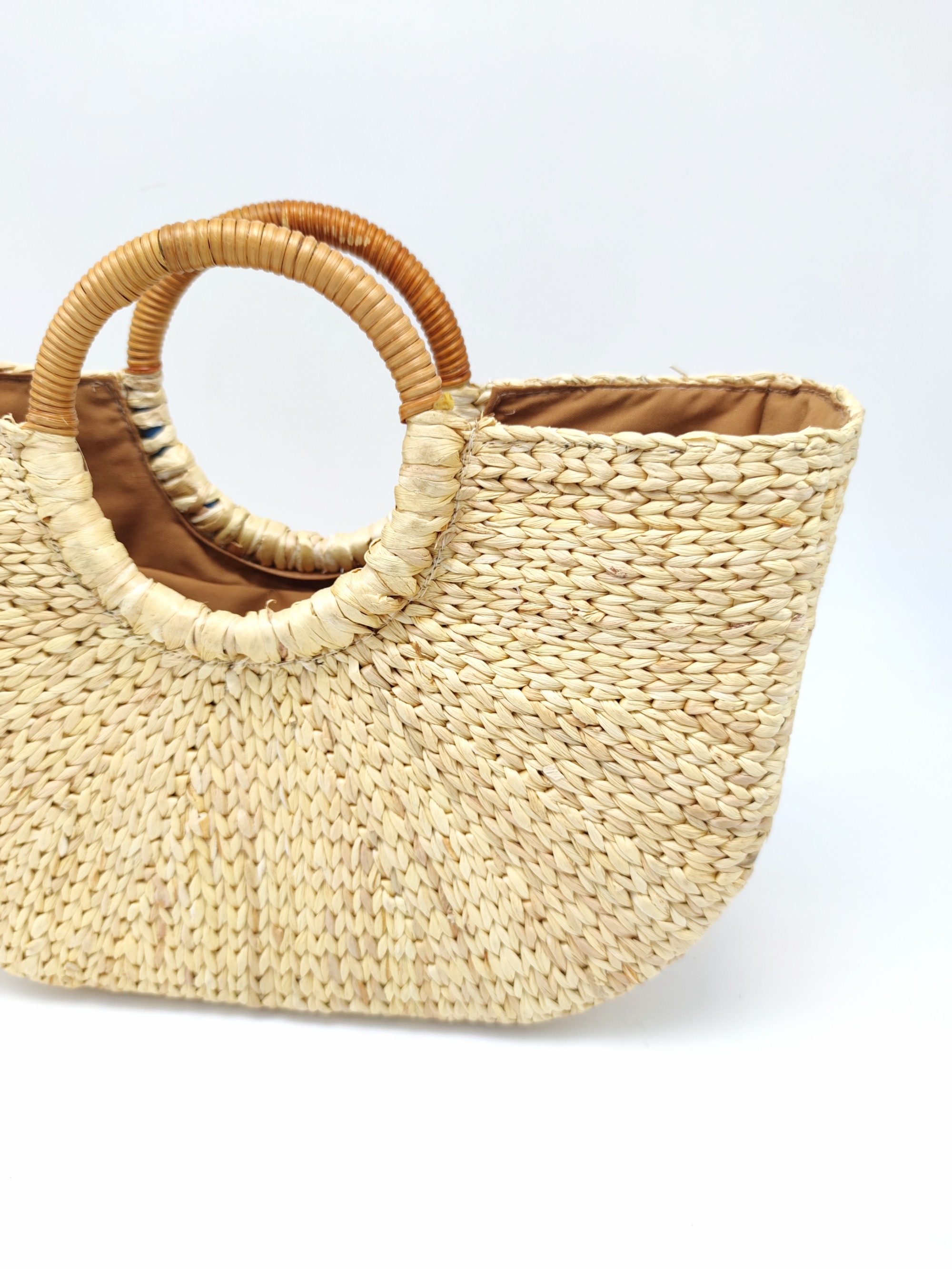 Handmade Natural Straw Bag with Wood Handle
