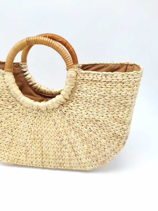 Handmade Natural Straw Bag with Wood Handle