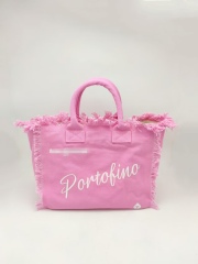 Pink 100% Cotton Canvas Tote Bag With Fringe and Embroidery Logo