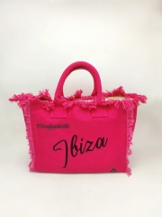 Rose Red 100% Cotton Canvas Tote Bag With Fringe Tassels and Embroidery Logo