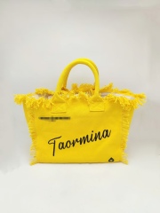 Yellow Embroidery Cotton Canvas Beach Bag With Trimming Fringe