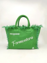 Green Canvas Cotton Beach Bag With Handmade Trimming Fringe Embroidery Logo