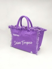 Purple 100% Cotton Canvas Beach Bag With Fringe and Embroidery Logo