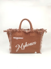 Chocolate Color Fringes Embroidery Cotton Canvas Beach Bag With Trimming Fringe