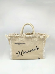 Beige Cream 100% Cotton Canvas Tote Bag With Fringe&amp;Embroidery&amp;Tassel