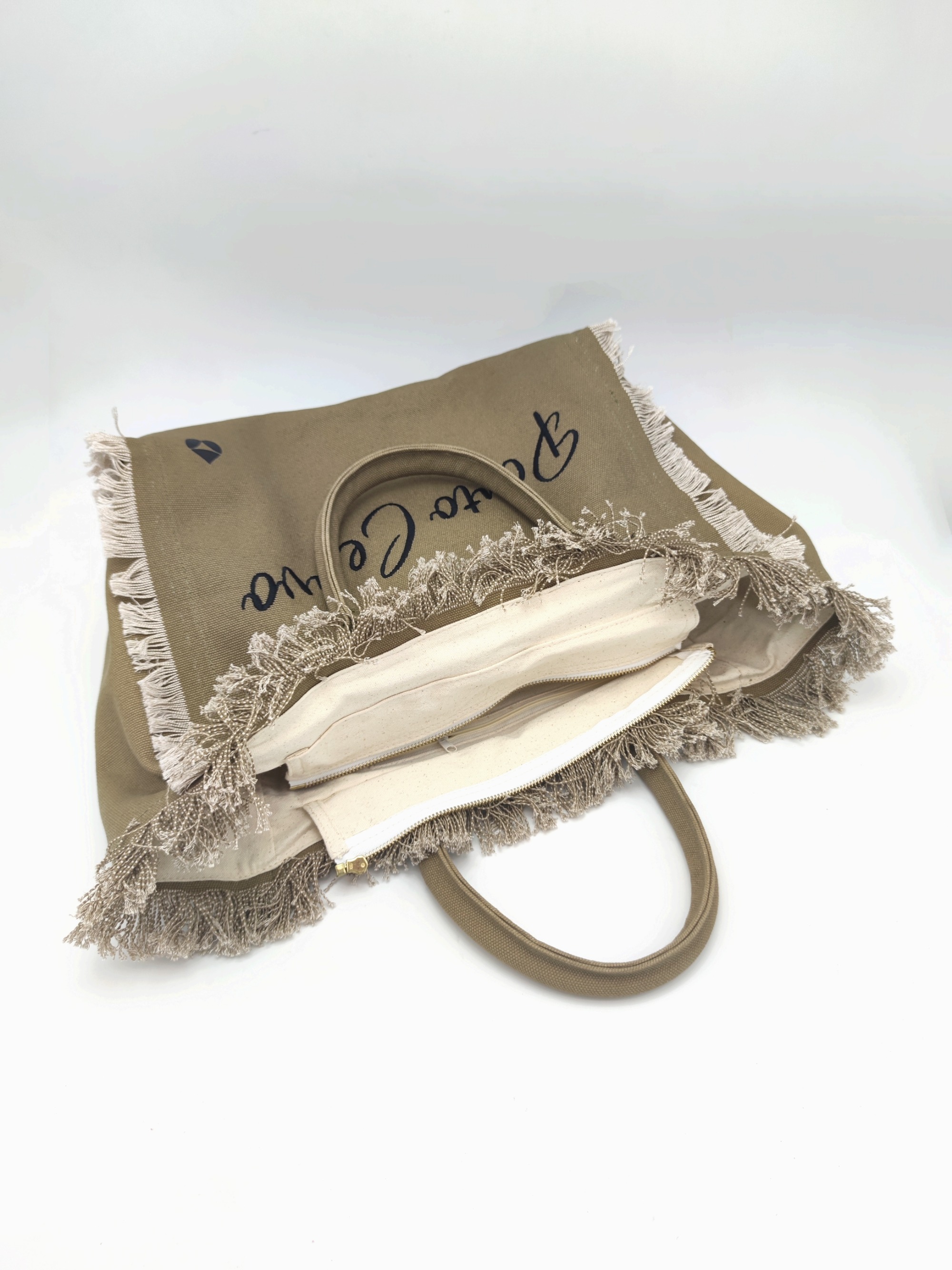 Army Green 100% Cotton Canvas Tote Bag With Fringe&Embroidery Olive Drab