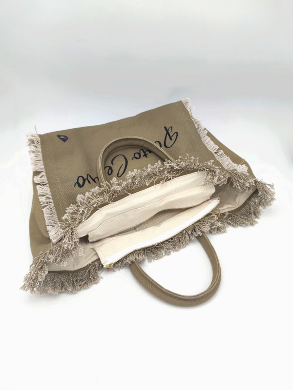 Army Green 100% Cotton Canvas Tote Bag With Fringe&Embroidery Olive Drab