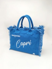 Blue Canvas Cotton Beach Bag With Handmade Trimming Fringe Embroidery Logo