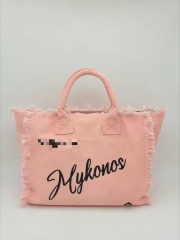 Cream Color Embroidery Cotton Canvas Beach Bag With Trimming Fringe