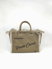 Army Green 100% Cotton Canvas Tote Bag With Fringe&amp;Embroidery Olive Drab