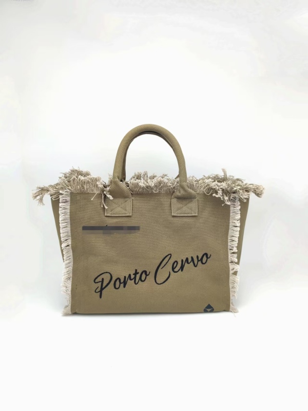 Army Green 100% Cotton Canvas Tote Bag With Fringe&Embroidery Olive Drab