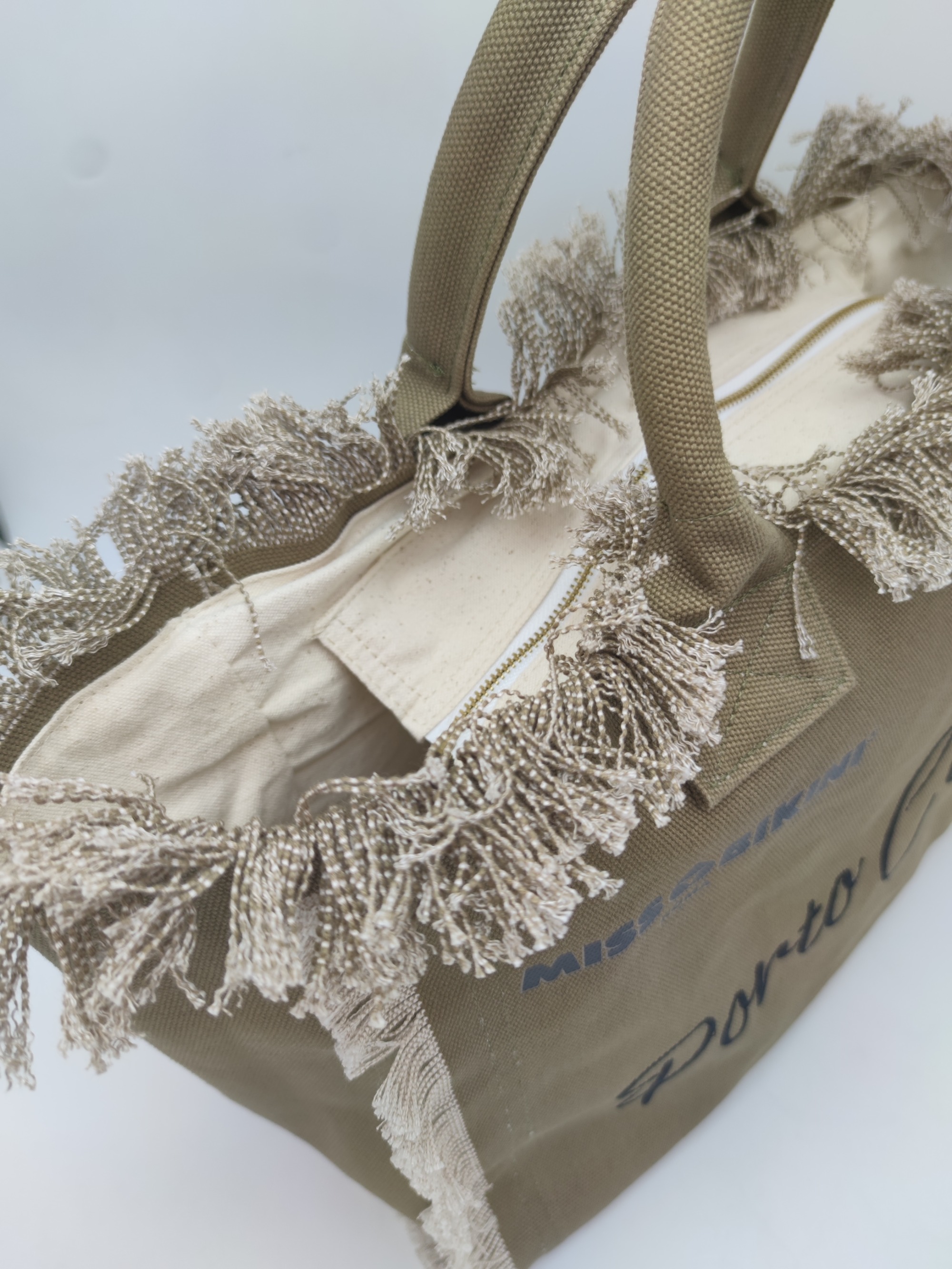 Army Green 100% Cotton Canvas Tote Bag With Fringe&Embroidery Olive Drab