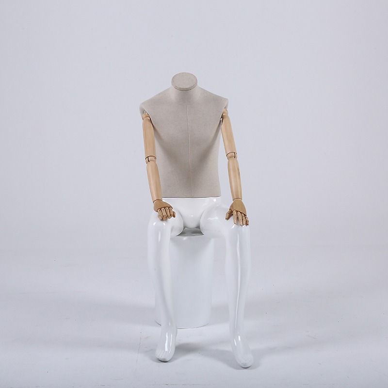 Modern Grey Linen Fabric Male Mannequin with Wood Arms