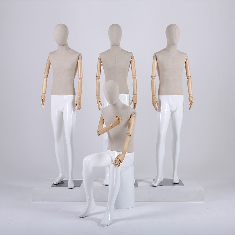 Modern Grey Linen Fabric Male Mannequin with Wood Arms