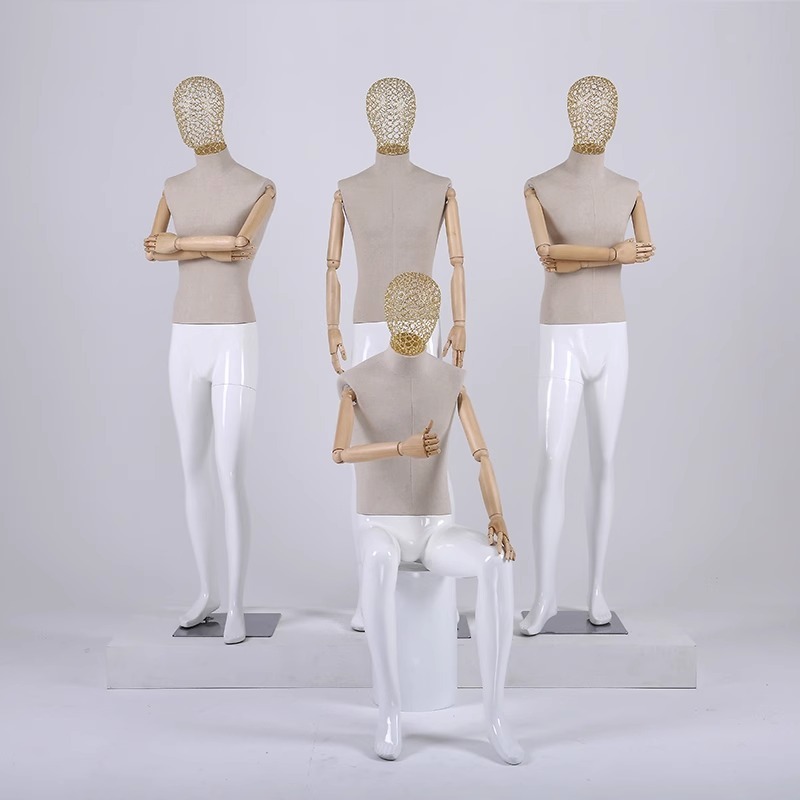 Modern Grey Linen Fabric Male Mannequin with Wood Arms