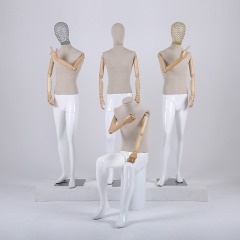Modern Grey Linen Fabric Male Mannequin with Wood Arms