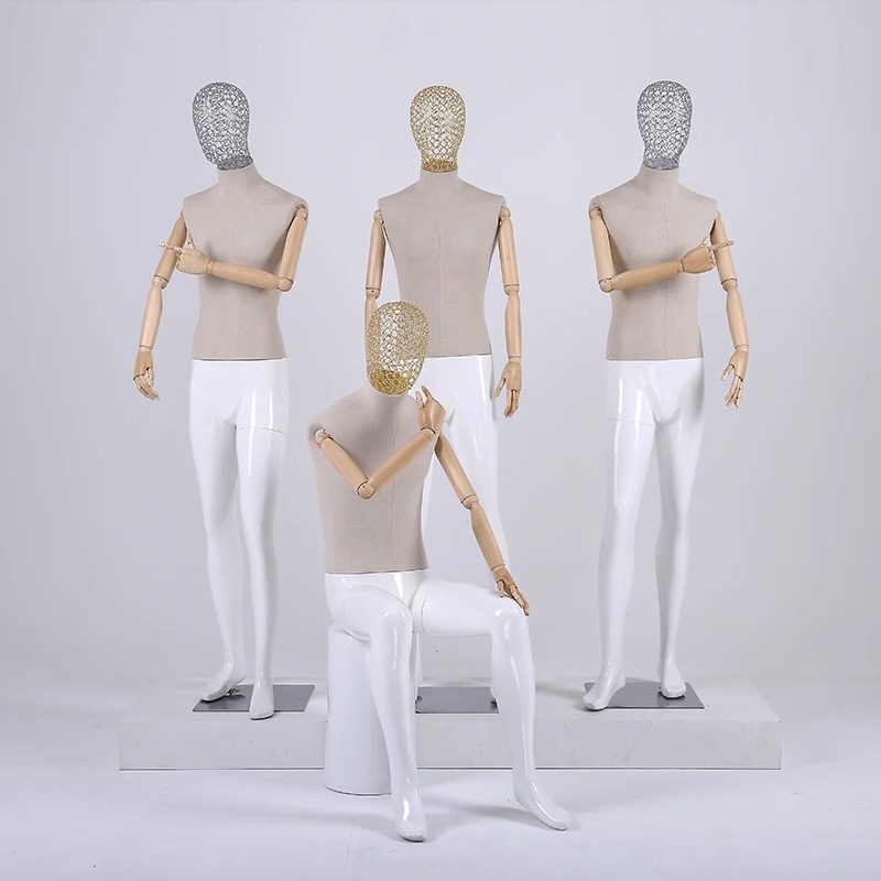 Modern Grey Linen Fabric Male Mannequin with Wood Arms