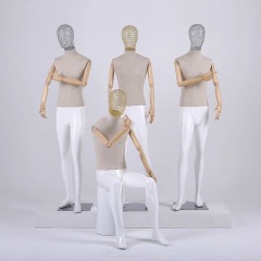 Modern Grey Linen Fabric Male Mannequin with Wood Arms