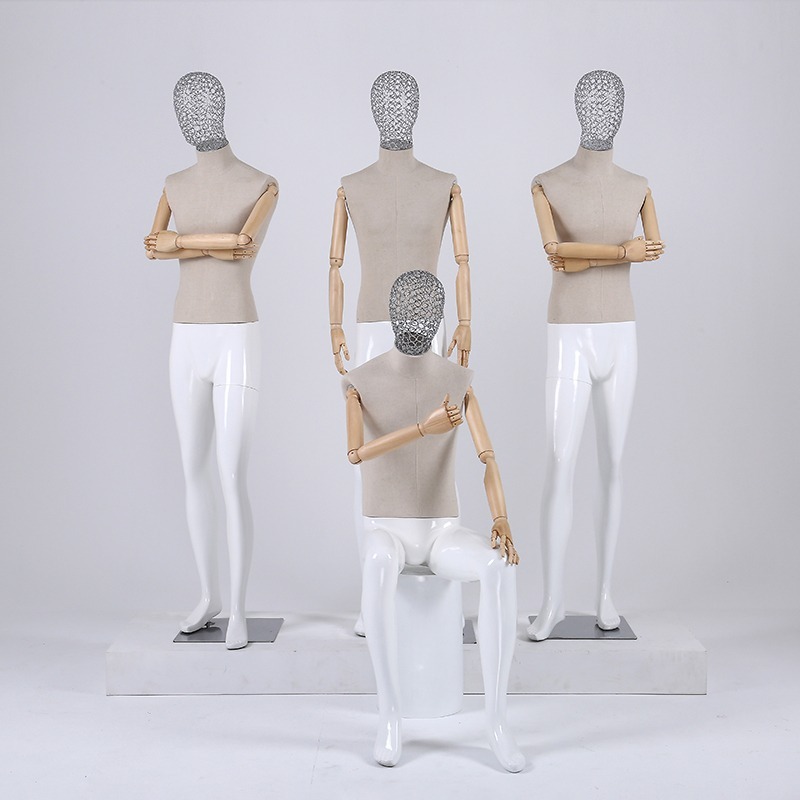 Modern Grey Linen Fabric Male Mannequin with Wood Arms