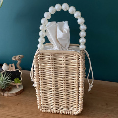 Rectangle Handwoven Wood Shoulder Bag with Pearls Handle