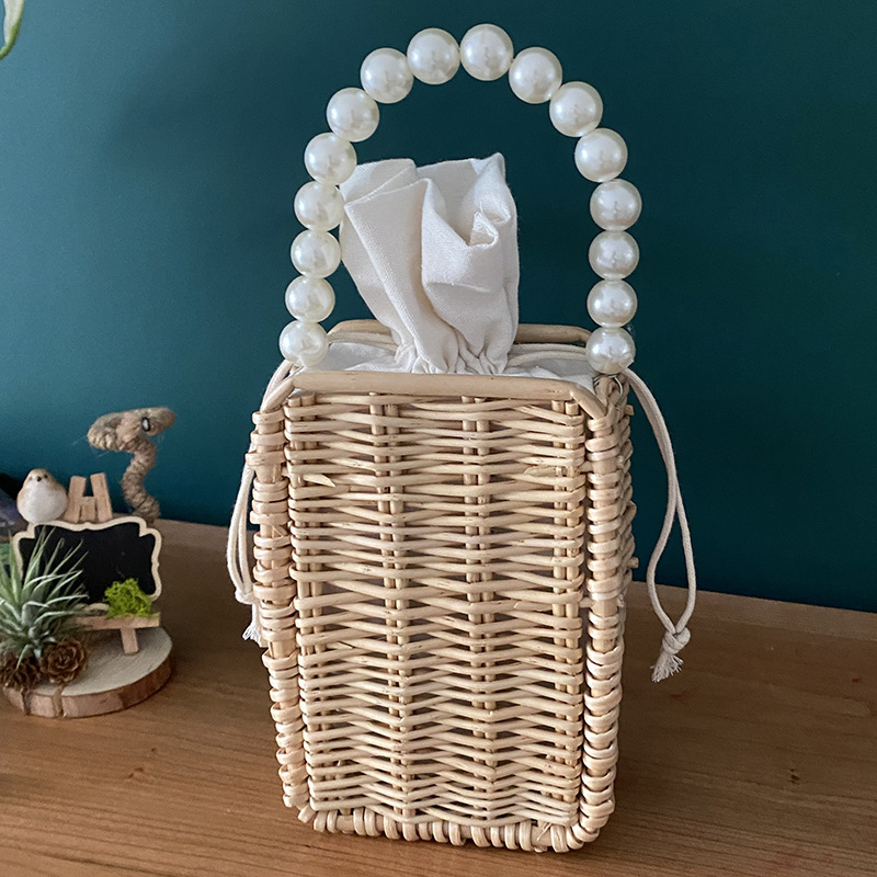 Rectangle Handwoven Wood Shoulder Bag with Pearls Handle