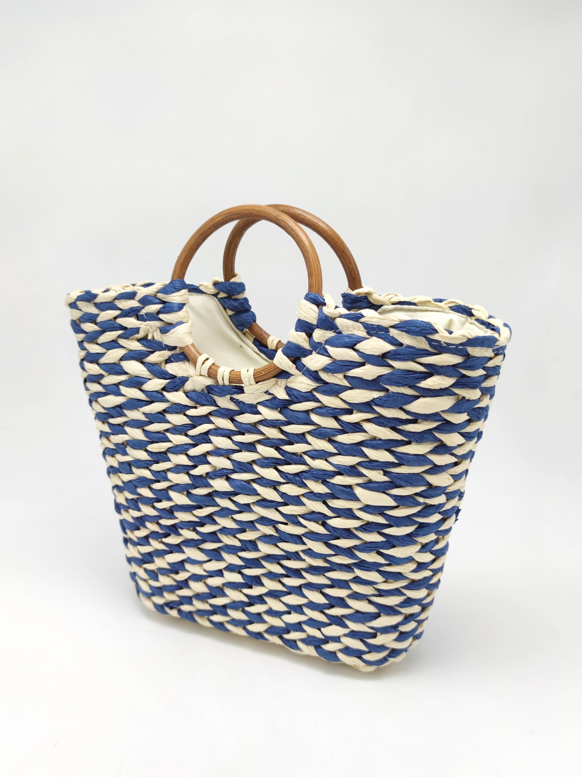 Light Beige and Brown Paper Straw Shoulder Bag with Wooden Handle