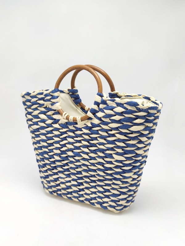 Light Beige and Brown Paper Straw Shoulder Bag with Wooden Handle