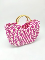 Light Beige and Brown Paper Straw Shoulder Bag with Wooden Handle