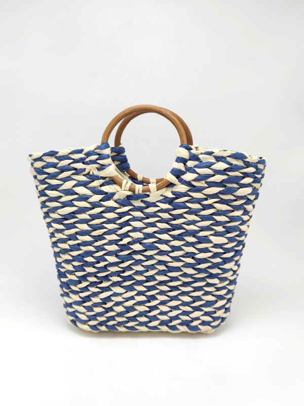 Light Beige and Brown Paper Straw Shoulder Bag with Wooden Handle