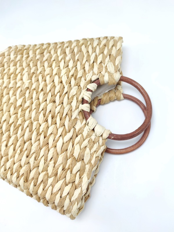 Light Beige and Brown Paper Straw Shoulder Bag with Wooden Handle