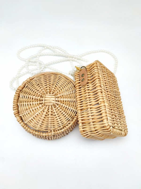 Rectangle Handwoven Wood Shoulder Bag with Pearls Handle
