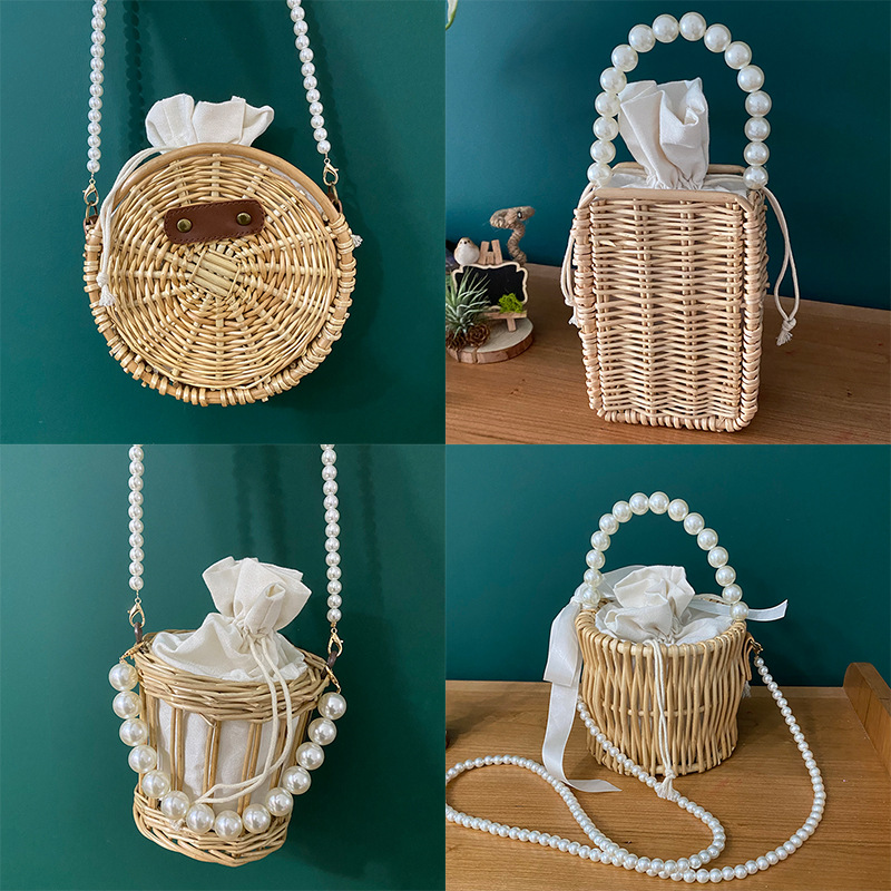 Rectangle Handwoven Wood Shoulder Bag with Pearls Handle