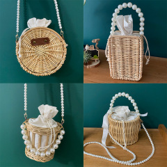 Rectangle Handwoven Wood Shoulder Bag with Pearls Handle
