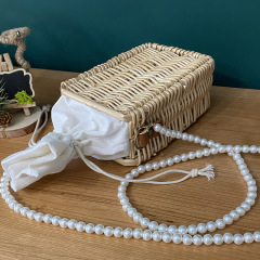 Rectangle Handwoven Wood Shoulder Bag with Pearls Handle