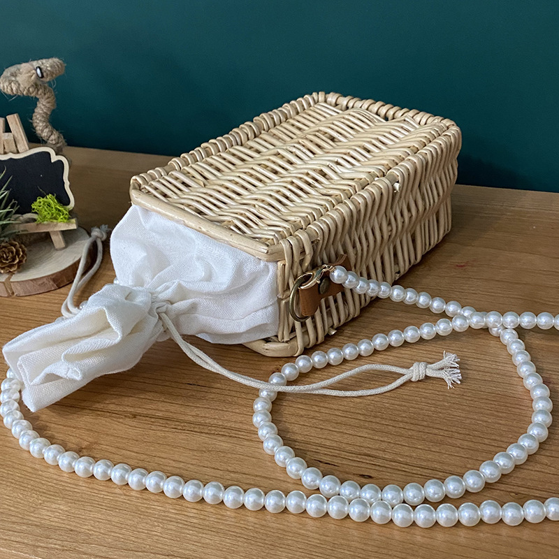 Rectangle Handwoven Wood Shoulder Bag with Pearls Handle