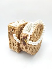 Rectangle Handwoven Wood Shoulder Bag with Pearls Handle