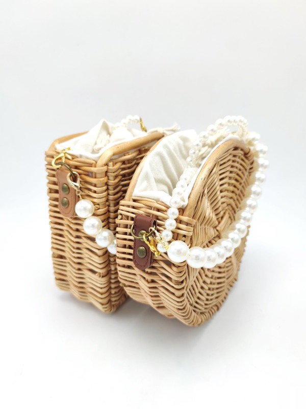 Rectangle Handwoven Wood Shoulder Bag with Pearls Handle