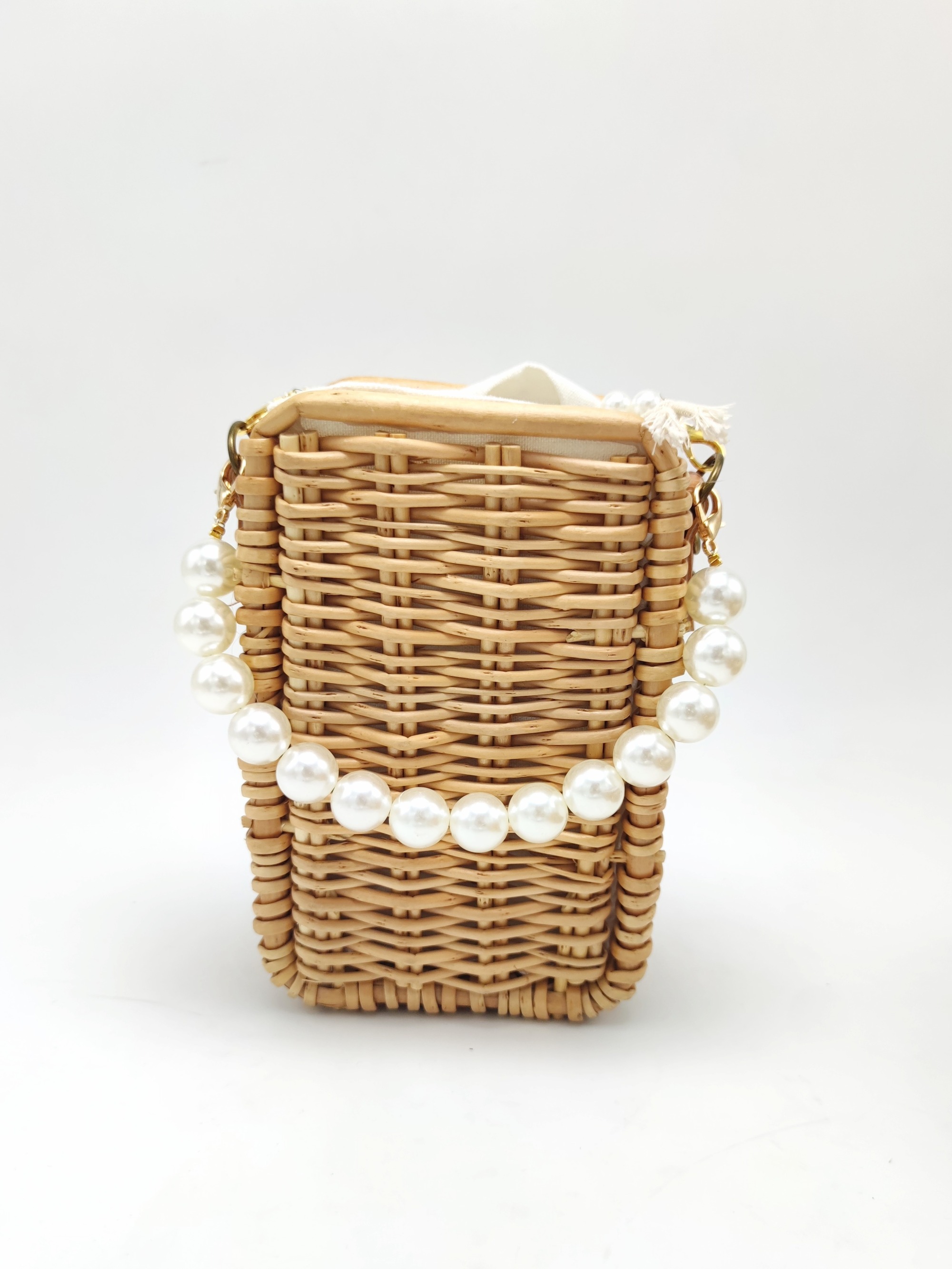 Rectangle Handwoven Wood Shoulder Bag with Pearls Handle