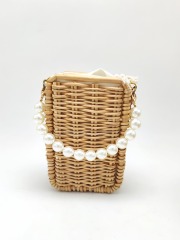 Rectangle Handwoven Wood Shoulder Bag with Pearls Handle