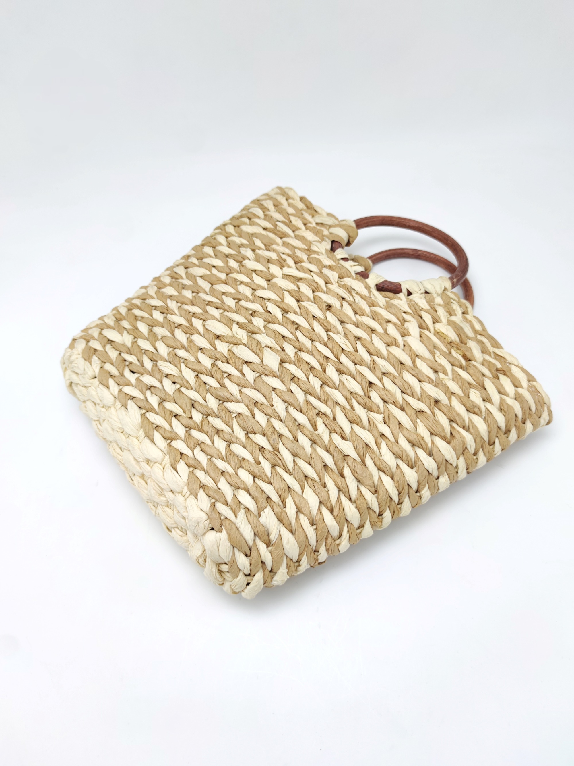 Light Beige and Brown Paper Straw Shoulder Bag with Wooden Handle