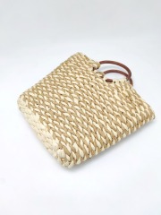 Light Beige and Brown Paper Straw Shoulder Bag with Wooden Handle